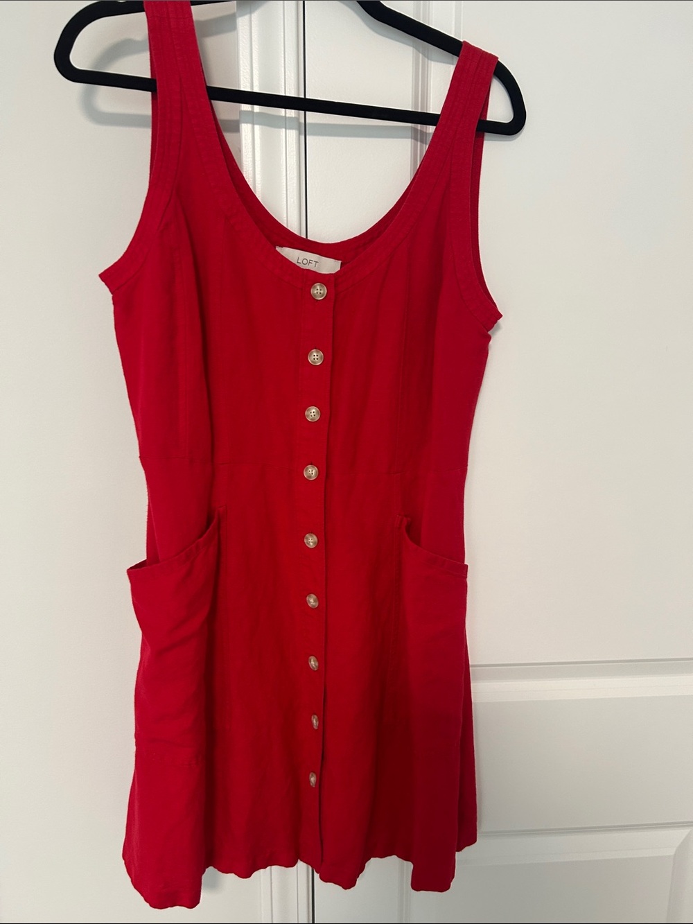 LOFT Red Button-Front Mini Dress with Pockets